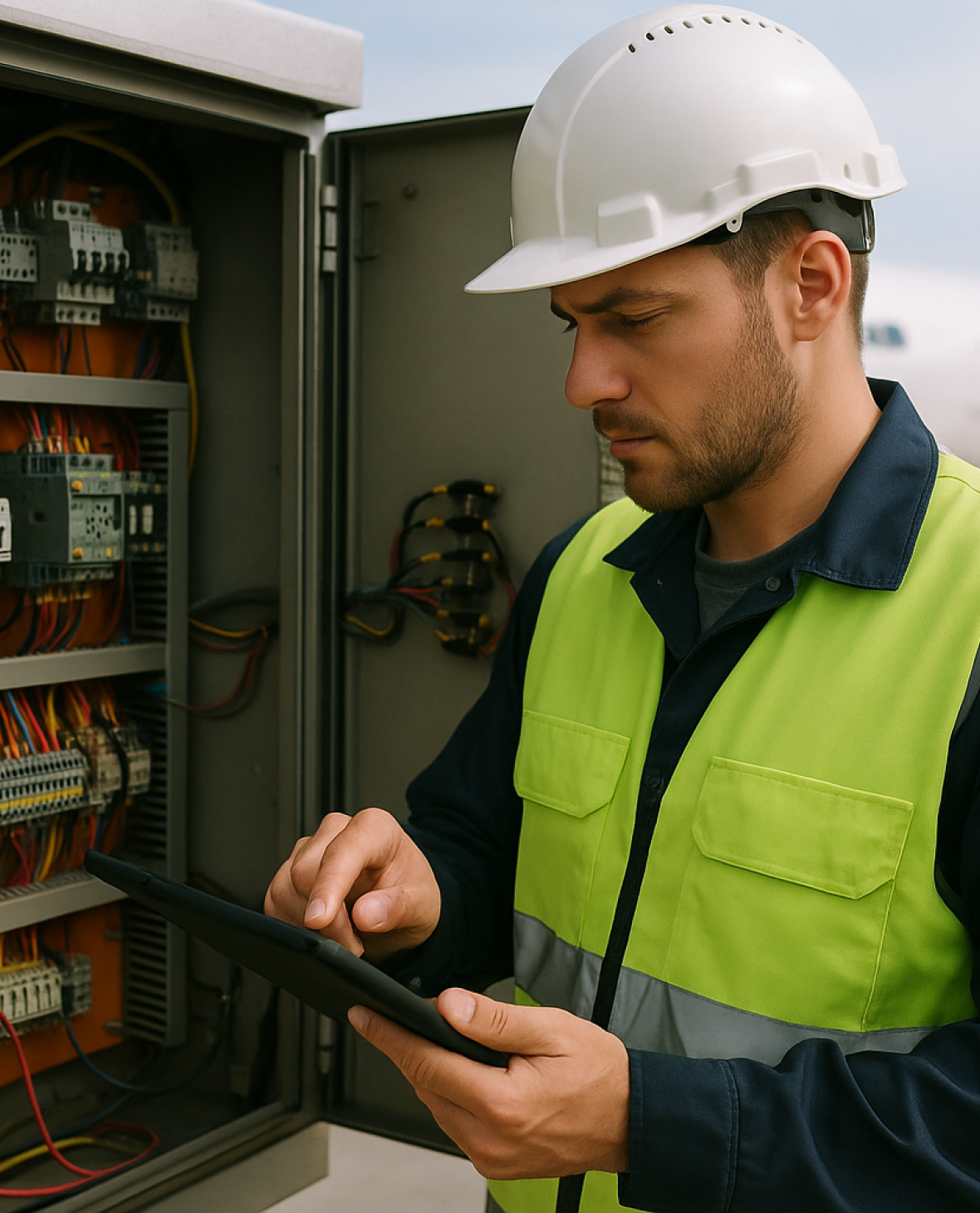 Monteur bij elektrische installatie op Schiphol